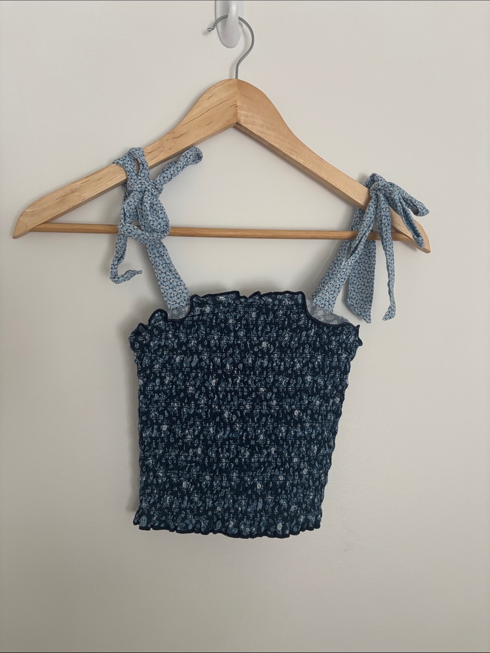Katie J NYC Blue Floral Smocked Tie-Strap Crop Top